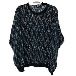 VTG LeRoy Tweed Crewneck Sweater Men L Loose Weave‎ Athleisure Black Blue White